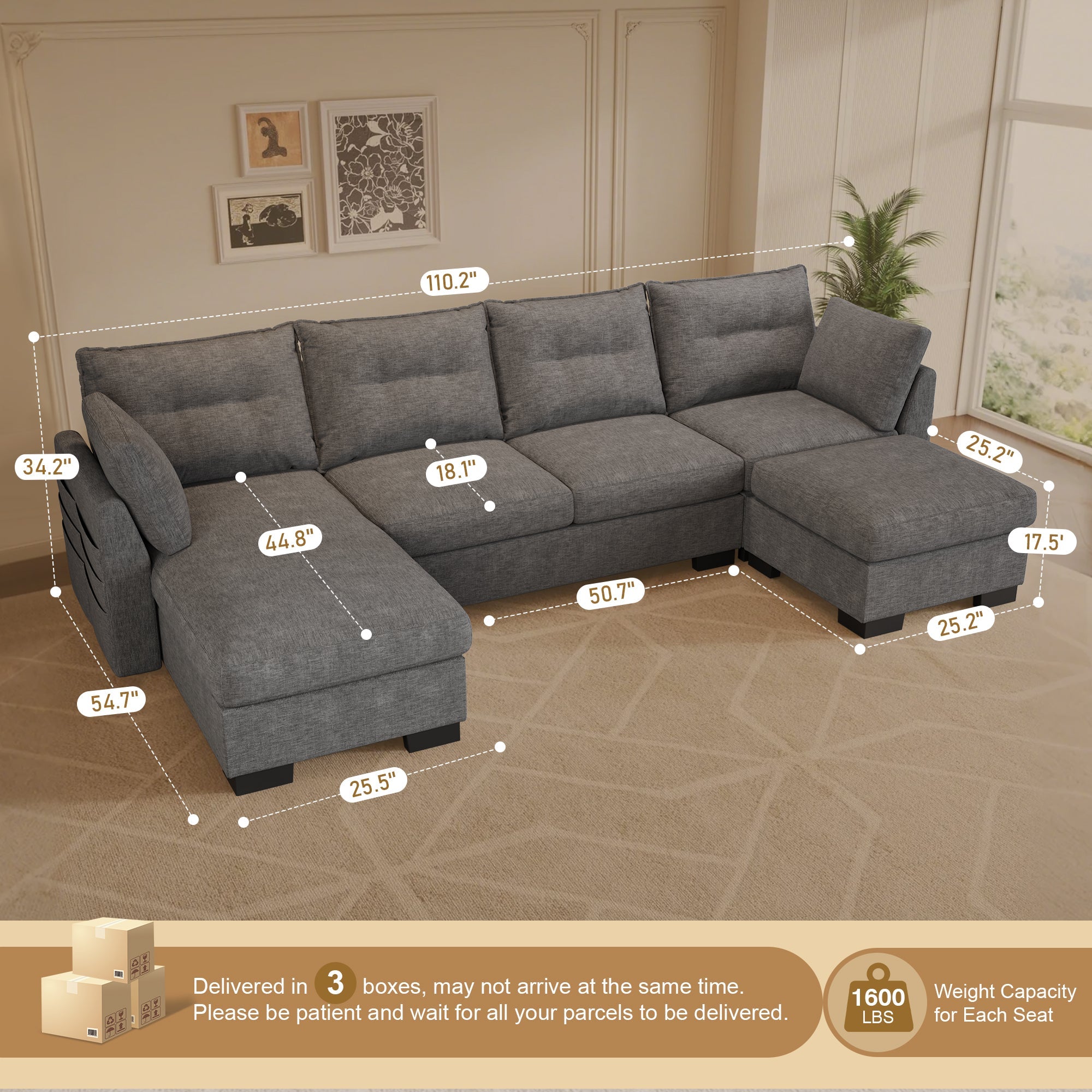 Cloud U Shaped Couch, Modular Sectional Comfy Couch Set with Movable Ottoman