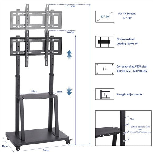 Mobile TV Cart for 32-80" Height Adjustable Rolling Floor TV Stand