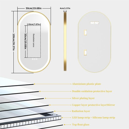 Gold Frame Oval LED Bathroom Mirror Anti-Fog Smart Vanity Mirror