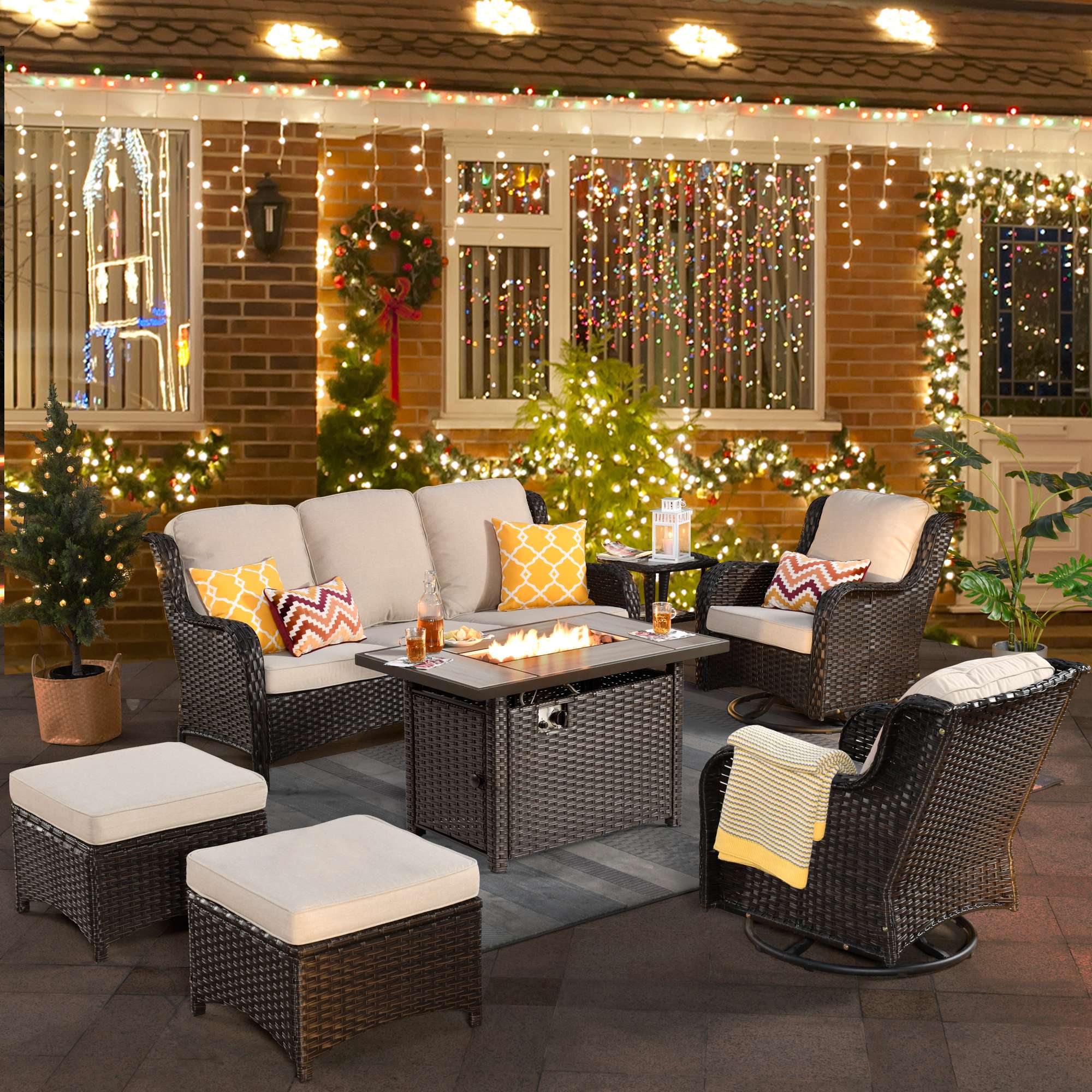 Patio 7-Piece Conversation Set with 42'' Rectangle Propane Fire Pit Table and Rocking Chairs Kenard