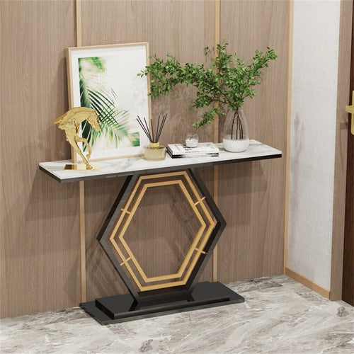 Solid marble console, entry table, hexagonal metal frame