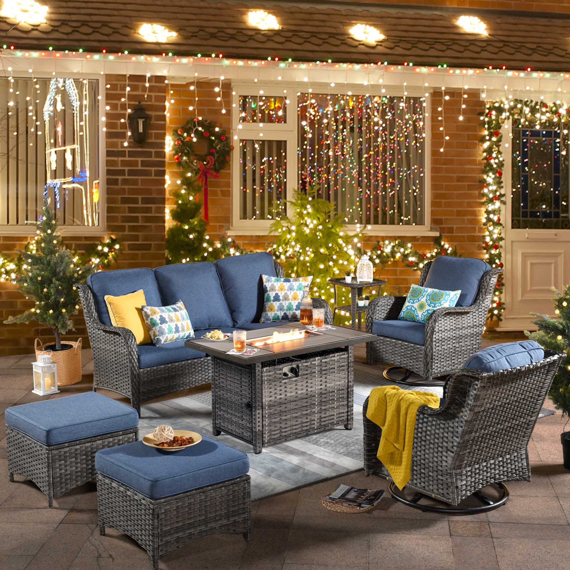 Patio 7-Piece Conversation Set with 42'' Rectangle Propane Fire Pit Table and Rocking Chairs Kenard