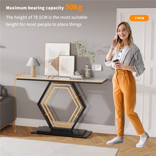 Solid marble console, entry table, hexagonal metal frame