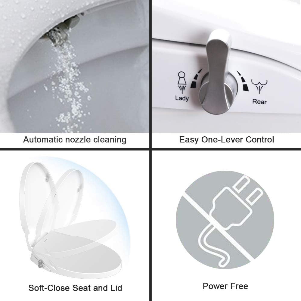 Non Electric Bidet Seat Toilet Seat with Self Cleaning Dual Nozzles Separated Rear & Feminine Cleaning Natural Water Spray, Soft Closed Toilet Seat, Easy DIY Installation (O Shape)