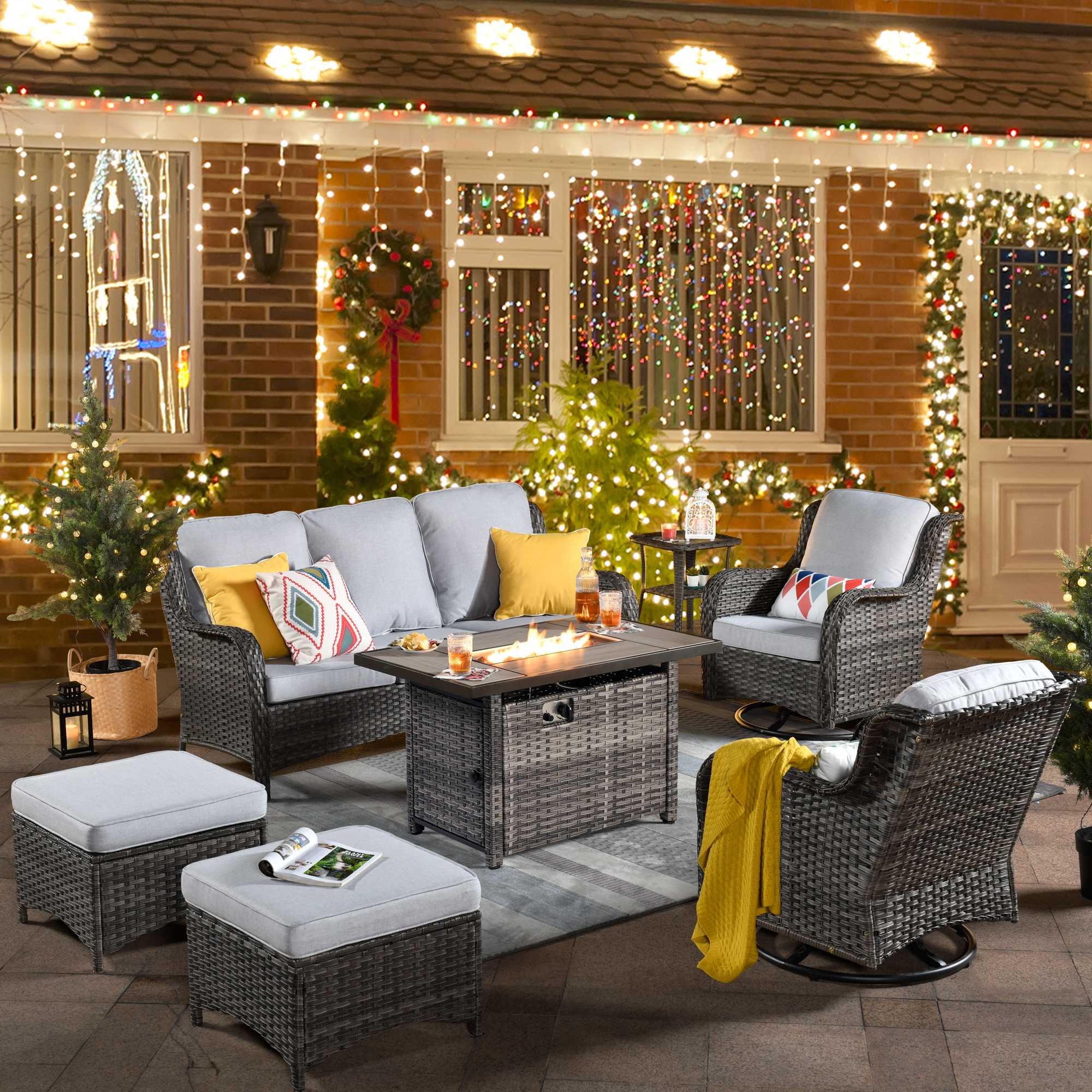 Patio 7-Piece Conversation Set with 42'' Rectangle Propane Fire Pit Table and Rocking Chairs Kenard