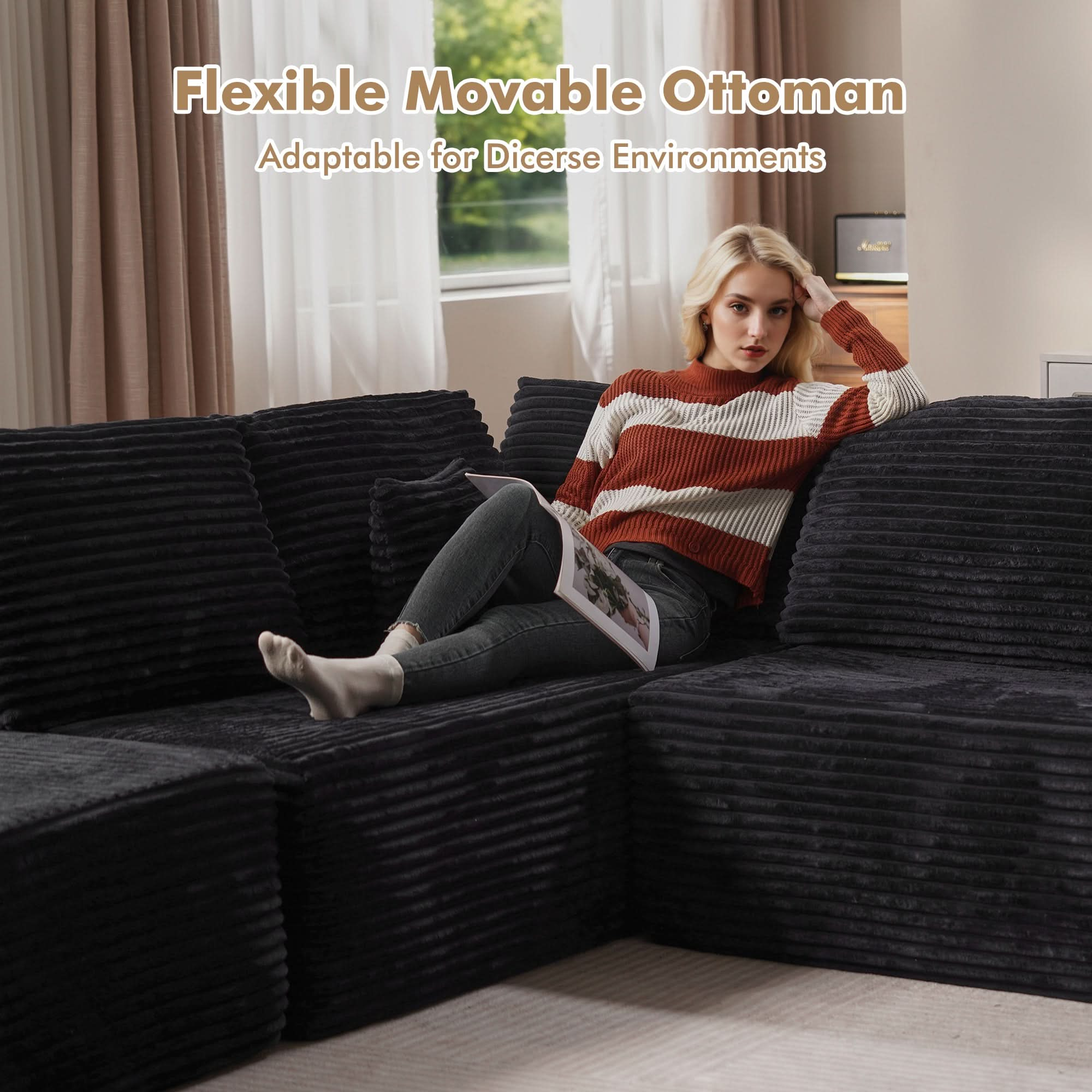 Modular Cloud Sofa with Memory Foam, L-Shaped Chaise & Corduroy Upholstery - No Assembly Required