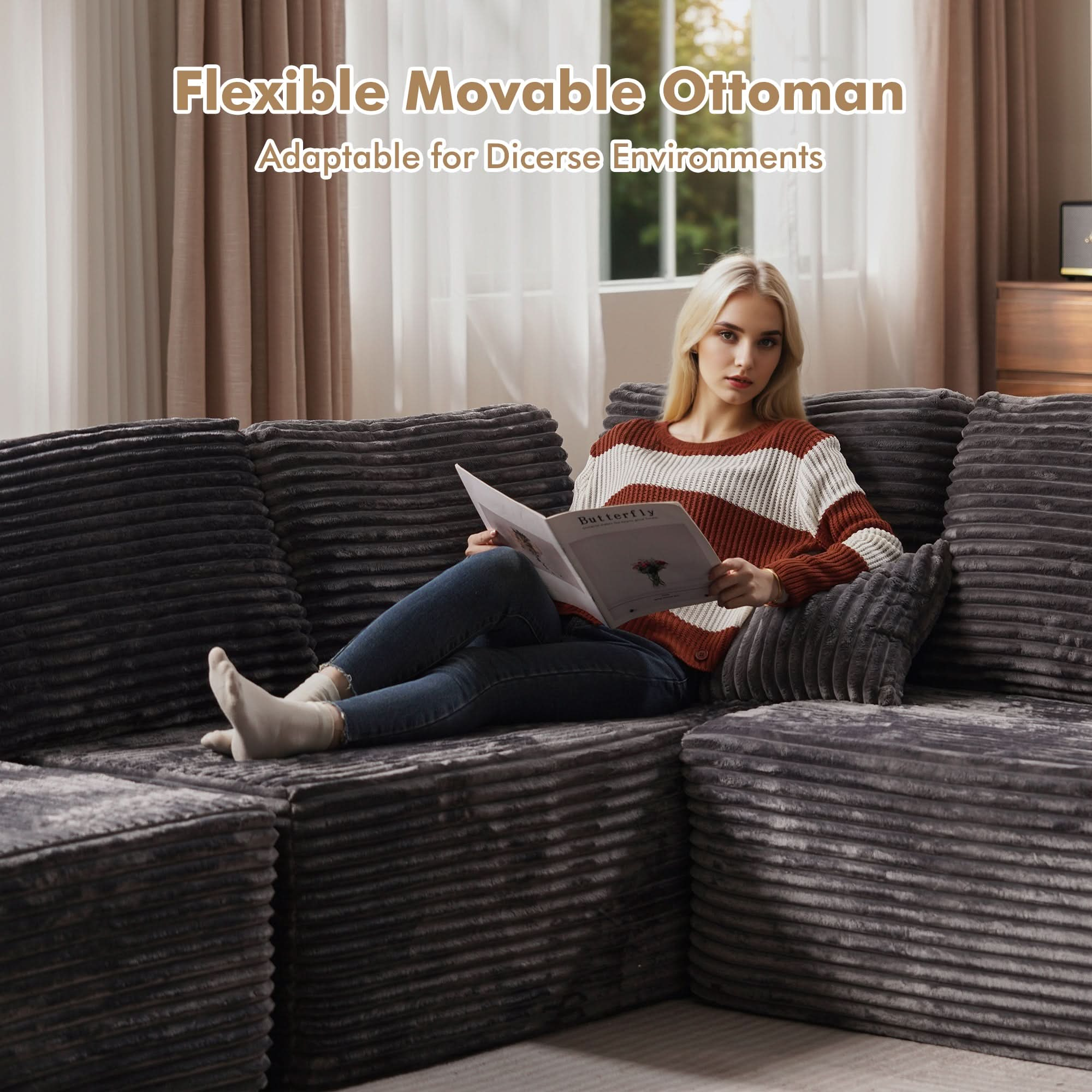 Modular Cloud Sofa with Memory Foam & L-Shaped Chaise,Corduroy Fabric Sofa, No Assembly Required