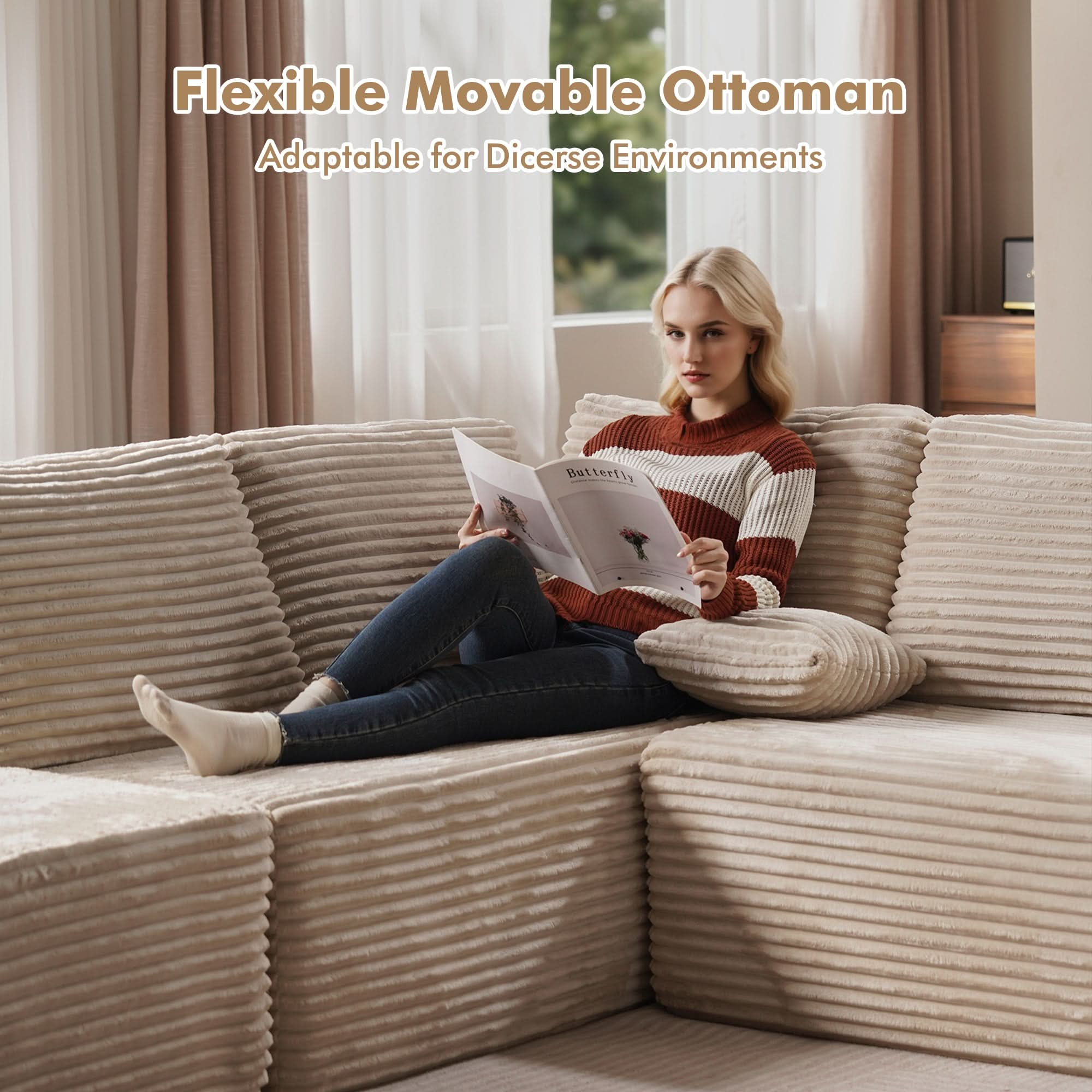 Modular Cloud Sofa with Memory Foam & L-Shaped Chaise,Corduroy Fabric Sofa, No Assembly Required