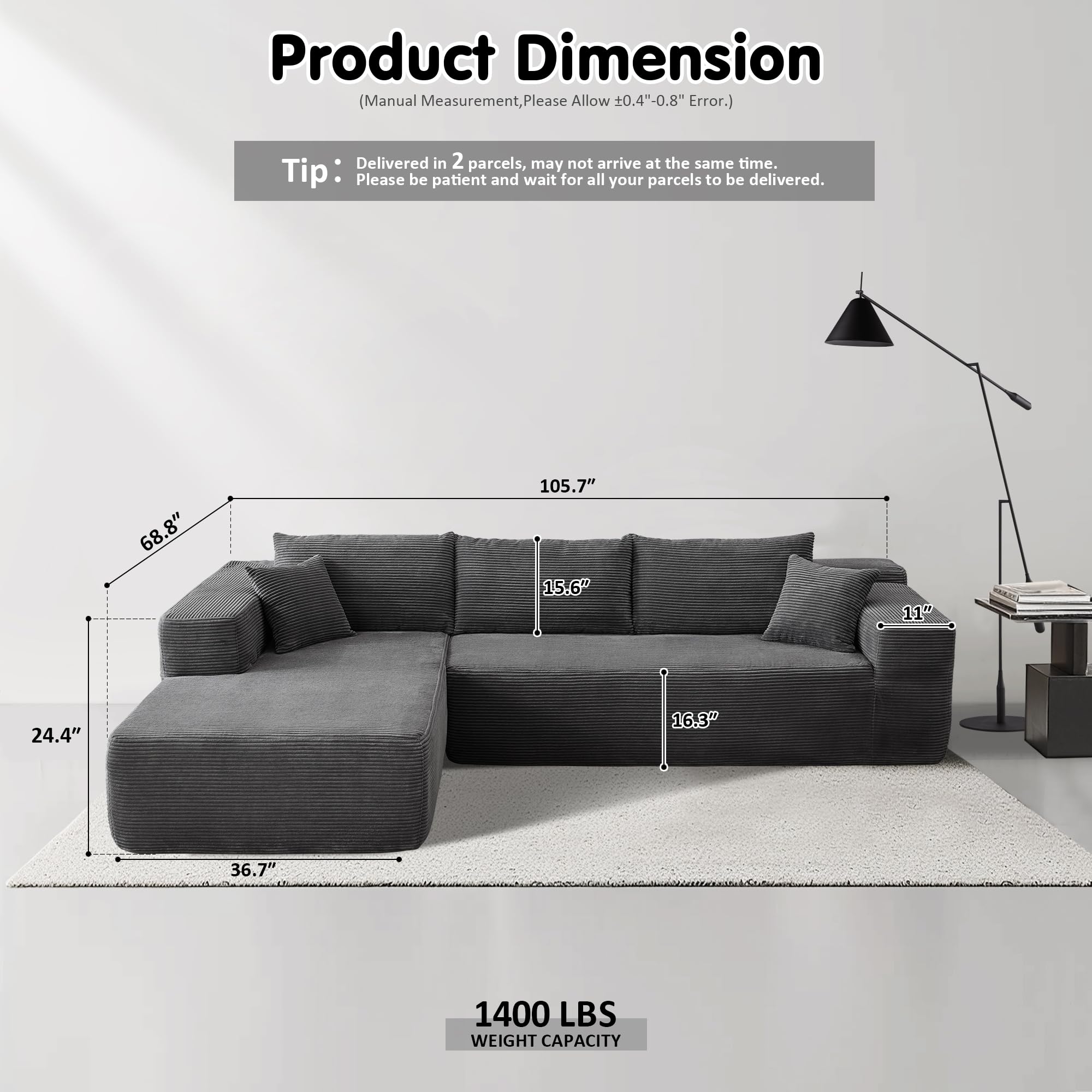 L-Shape Modular Couch with Chaise,Corduroy Fabric,No Assembly Required