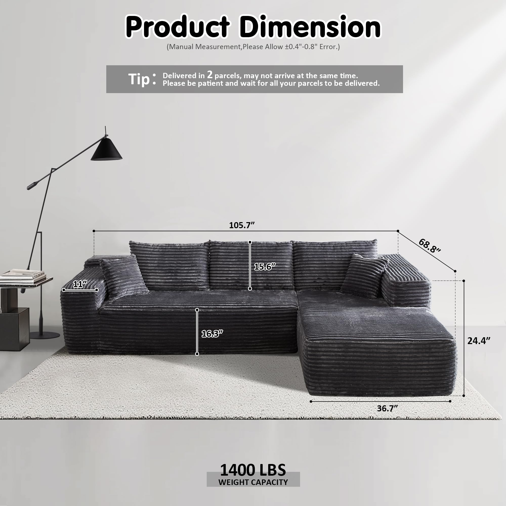 L-Shape Modular Couch with Chaise,Corduroy Fabric,No Assembly Required