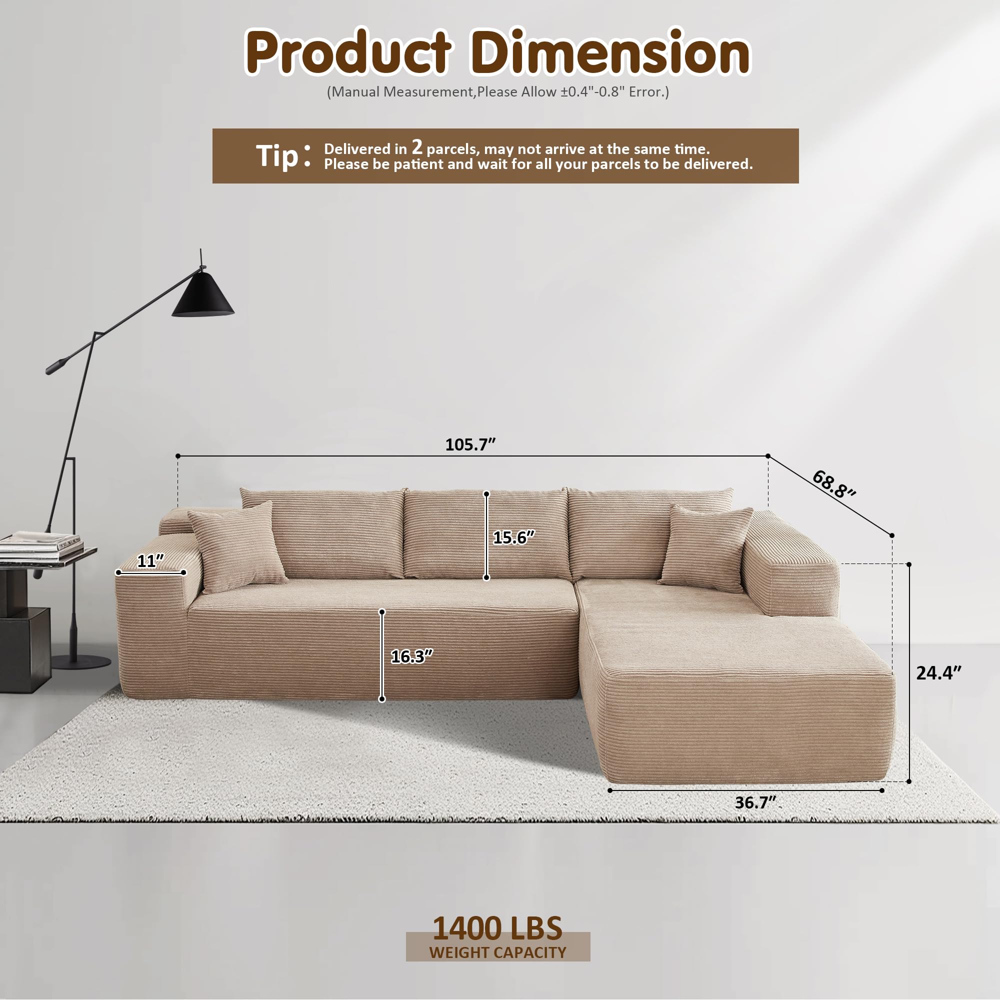 L-Shape Modular Couch with Chaise,Corduroy Fabric,No Assembly Required