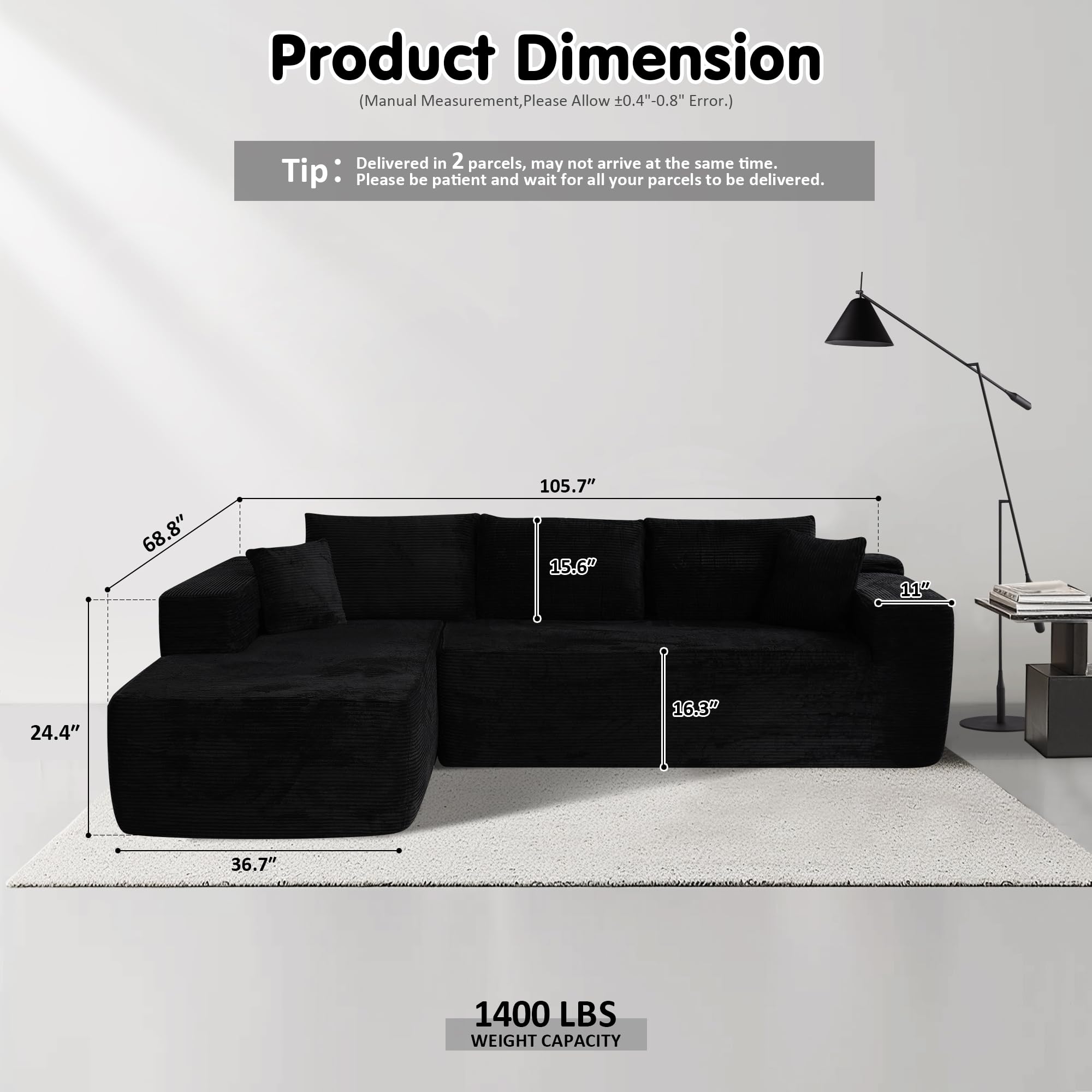 L-Shape Modular Couch with Chaise,Corduroy Fabric,No Assembly Required