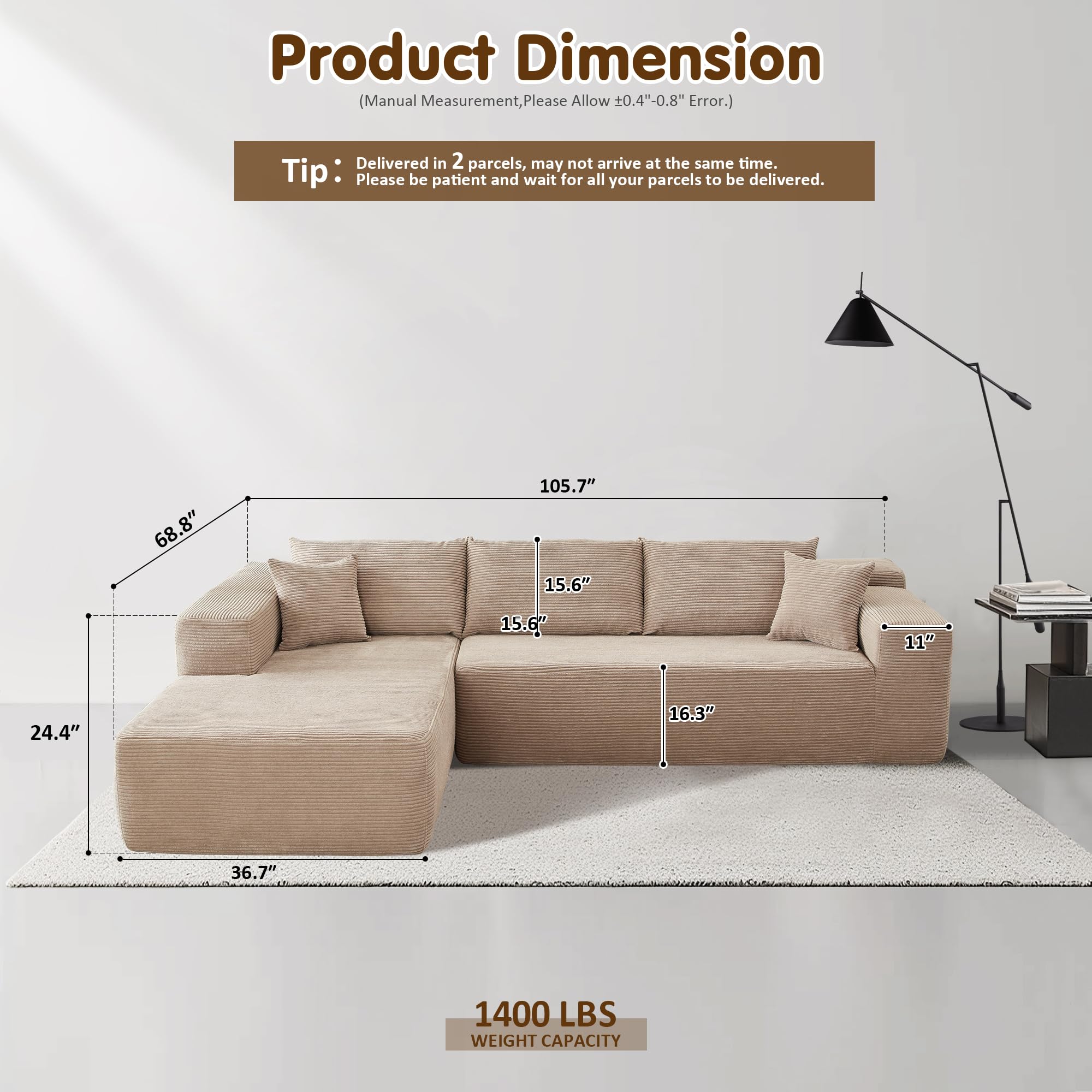 L-Shape Modular Couch with Chaise,Corduroy Fabric,No Assembly Required