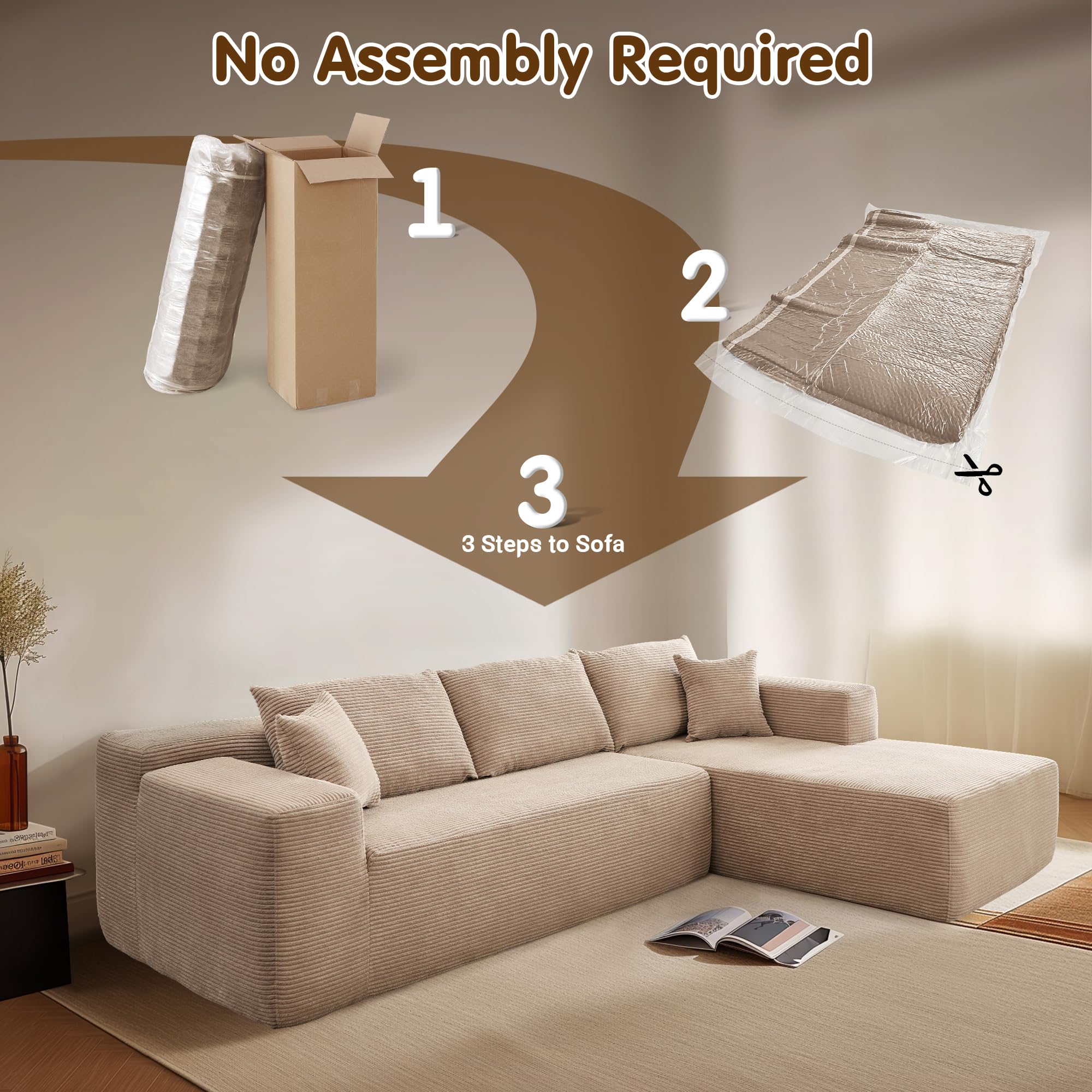 L-Shape Modular Couch with Chaise,Corduroy Fabric,No Assembly Required