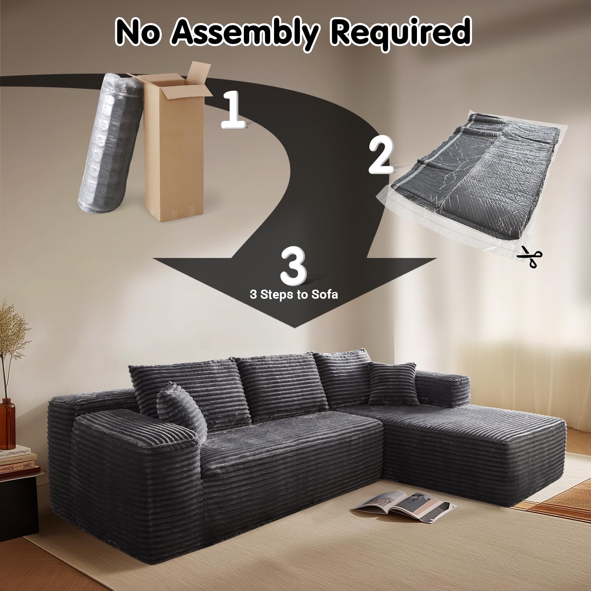 L-Shape Modular Couch with Chaise,Corduroy Fabric,No Assembly Required