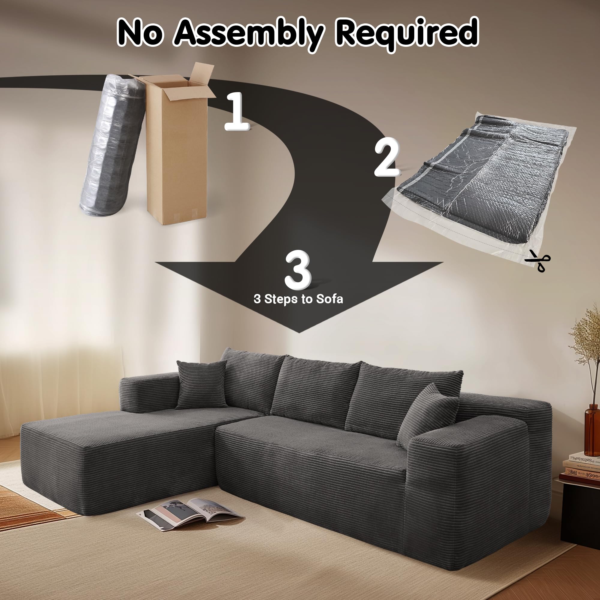 L-Shape Modular Couch with Chaise,Corduroy Fabric,No Assembly Required