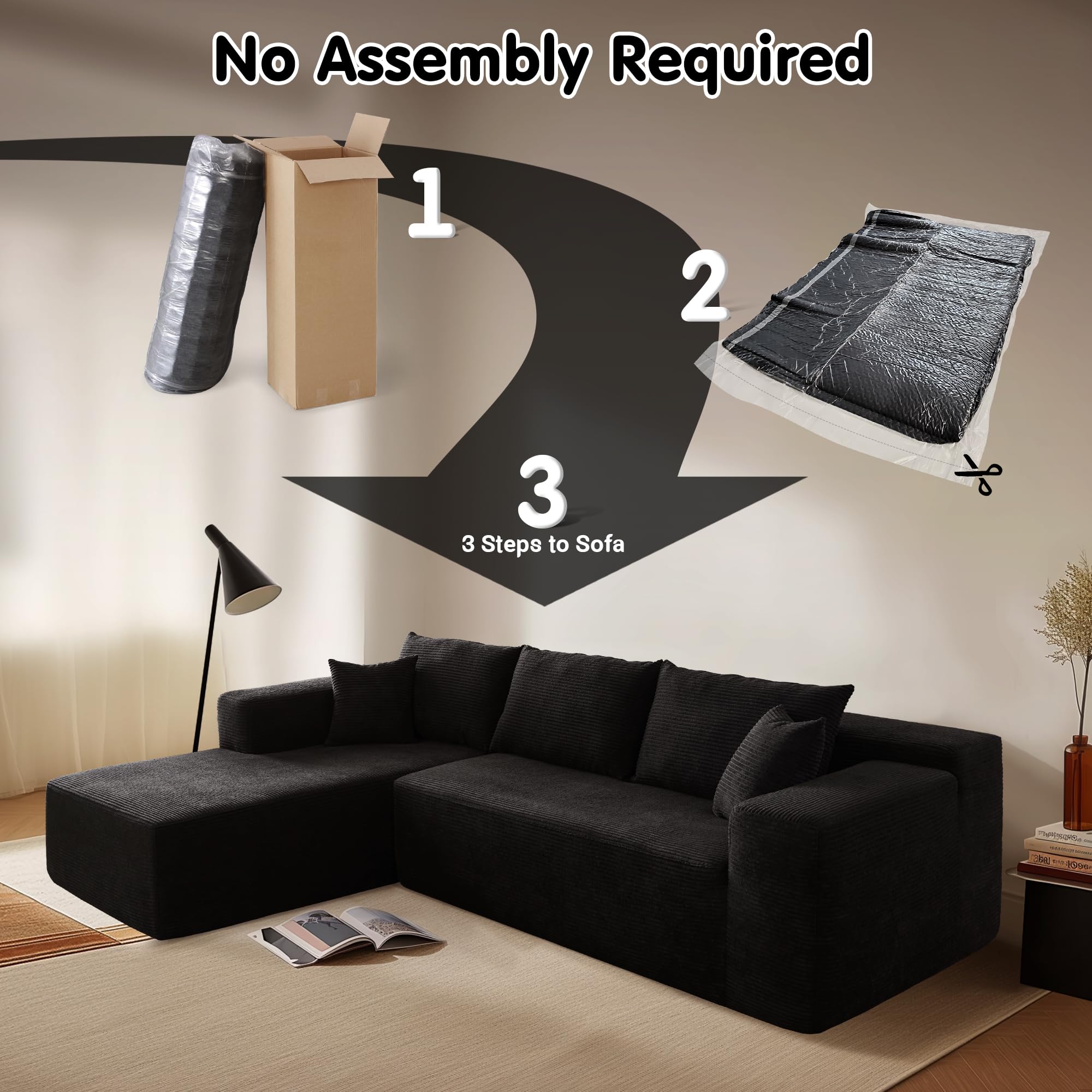 L-Shape Modular Couch with Chaise,Corduroy Fabric,No Assembly Required