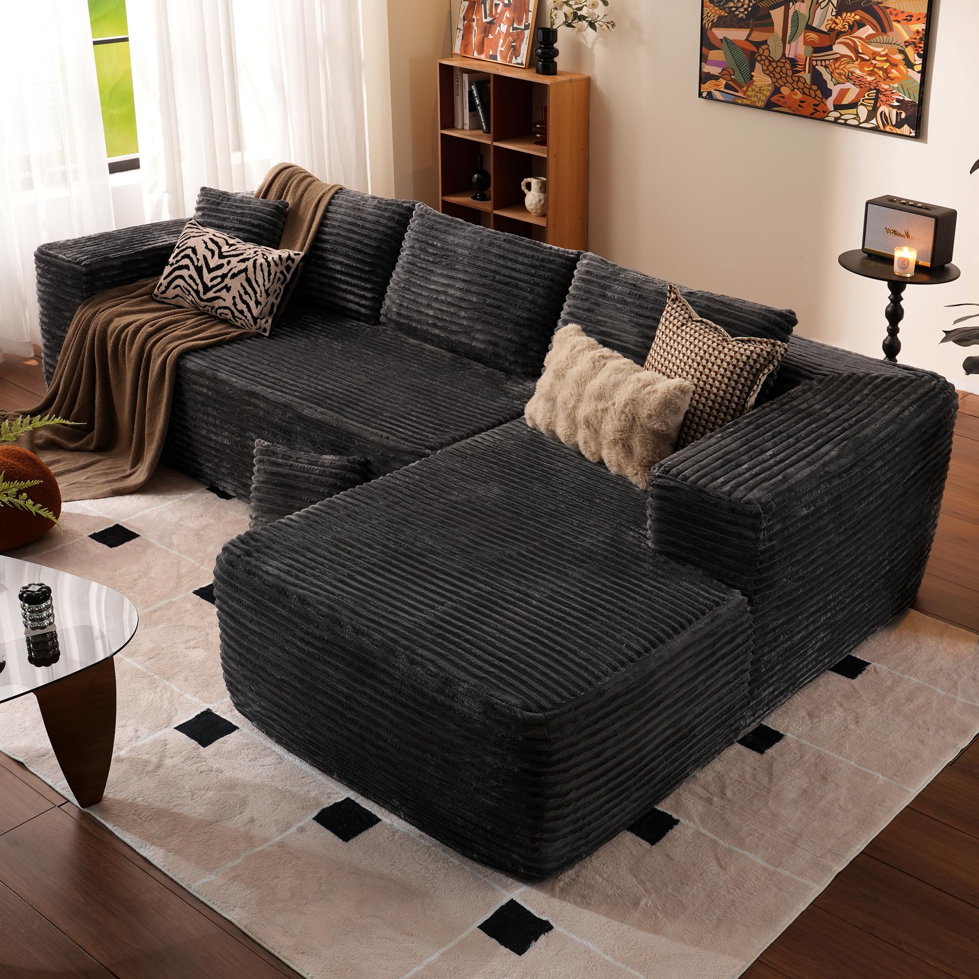 L-Shape Modular Couch with Chaise,Corduroy Fabric,No Assembly Required