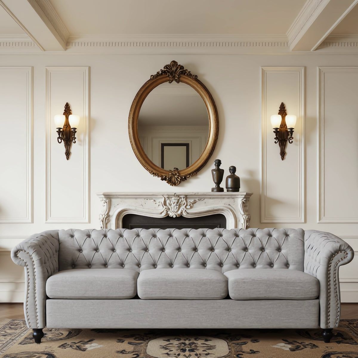 Modern Style Cloud Gray Button Tufted Upholstered Fabric Sofa