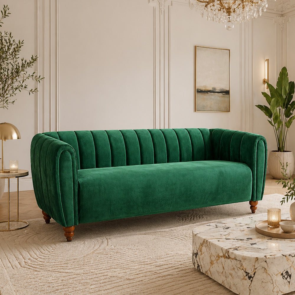 Modern 3-Seater Sofa for Living Room, Emerald Green, Velvet