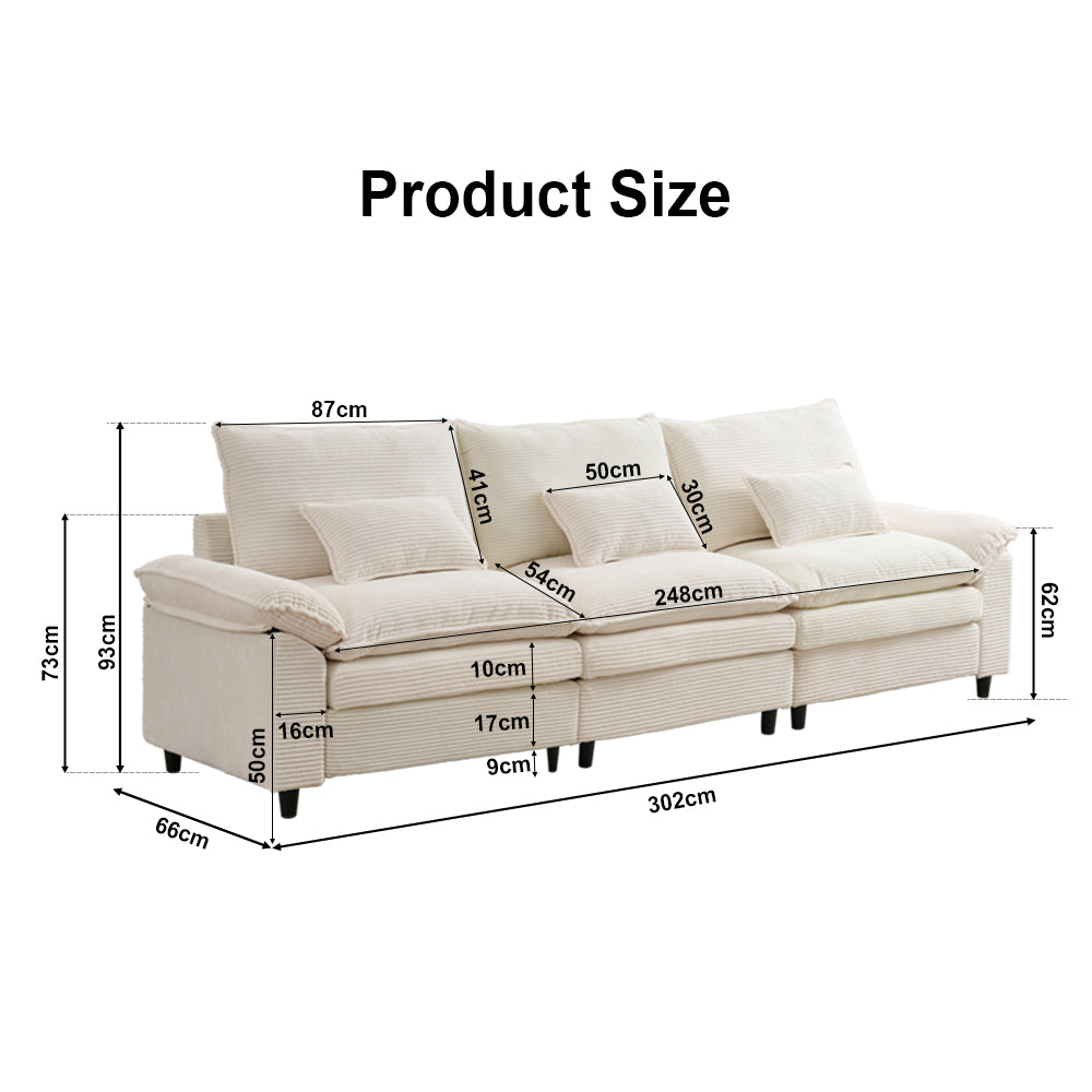 Modern Sofa with Throw Pillows for Living Room, 3-Seater, Corduroy