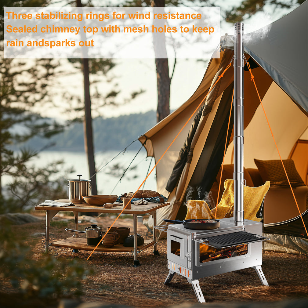 Stainless Steel Portable Camping Wood Stove Tent Stove w/ Chimney Pipe
