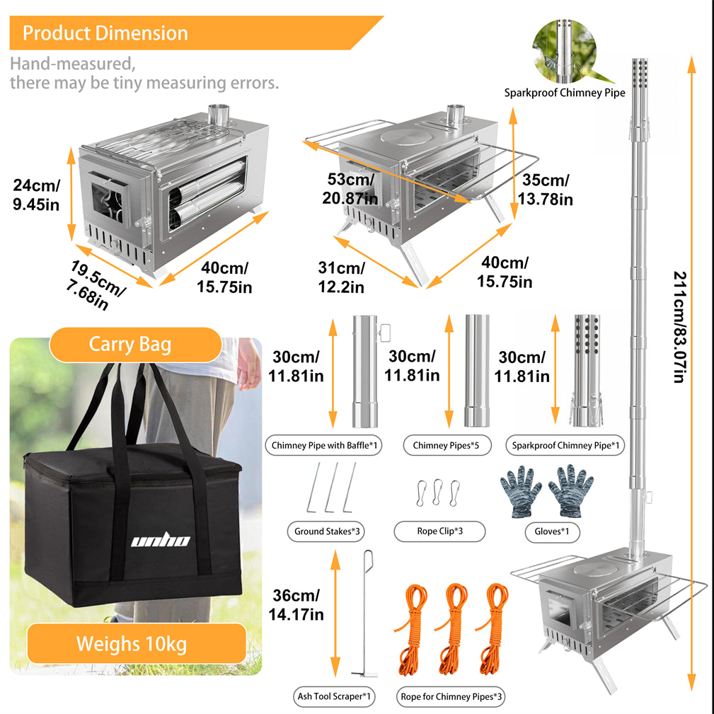 Stainless Steel Portable Camping Wood Stove Tent Stove w/ Chimney Pipe