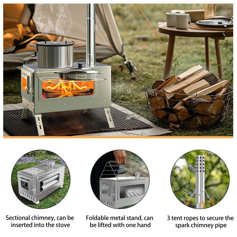 Stainless Steel Portable Camping Wood Stove Tent Stove w/ Chimney Pipe