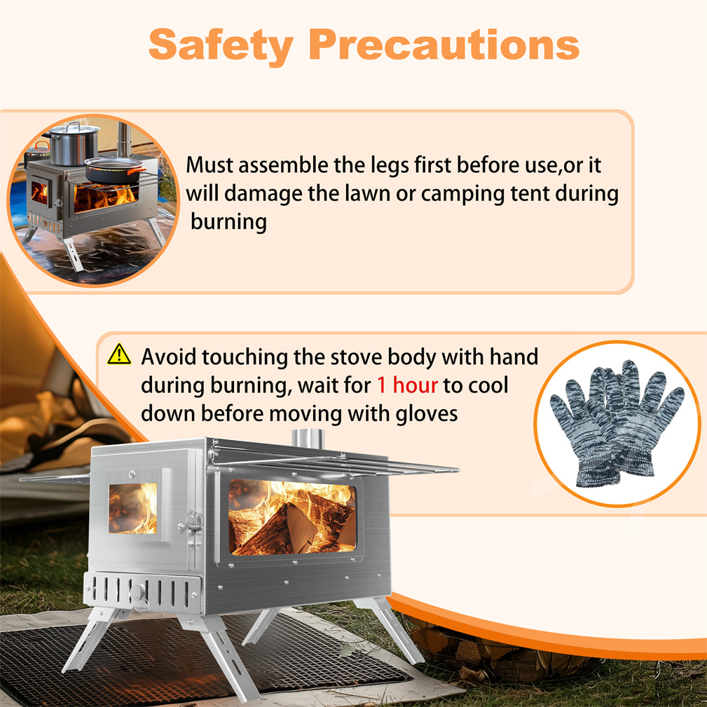 Stainless Steel Portable Camping Wood Stove Tent Stove w/ Chimney Pipe