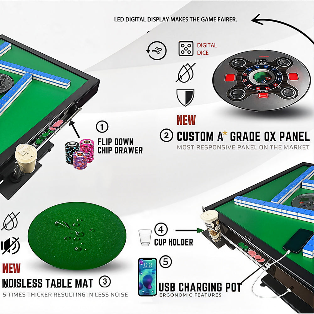 Eeeza Automatic Mahjong Table with 2 Set of Tiles, Green Tabletop