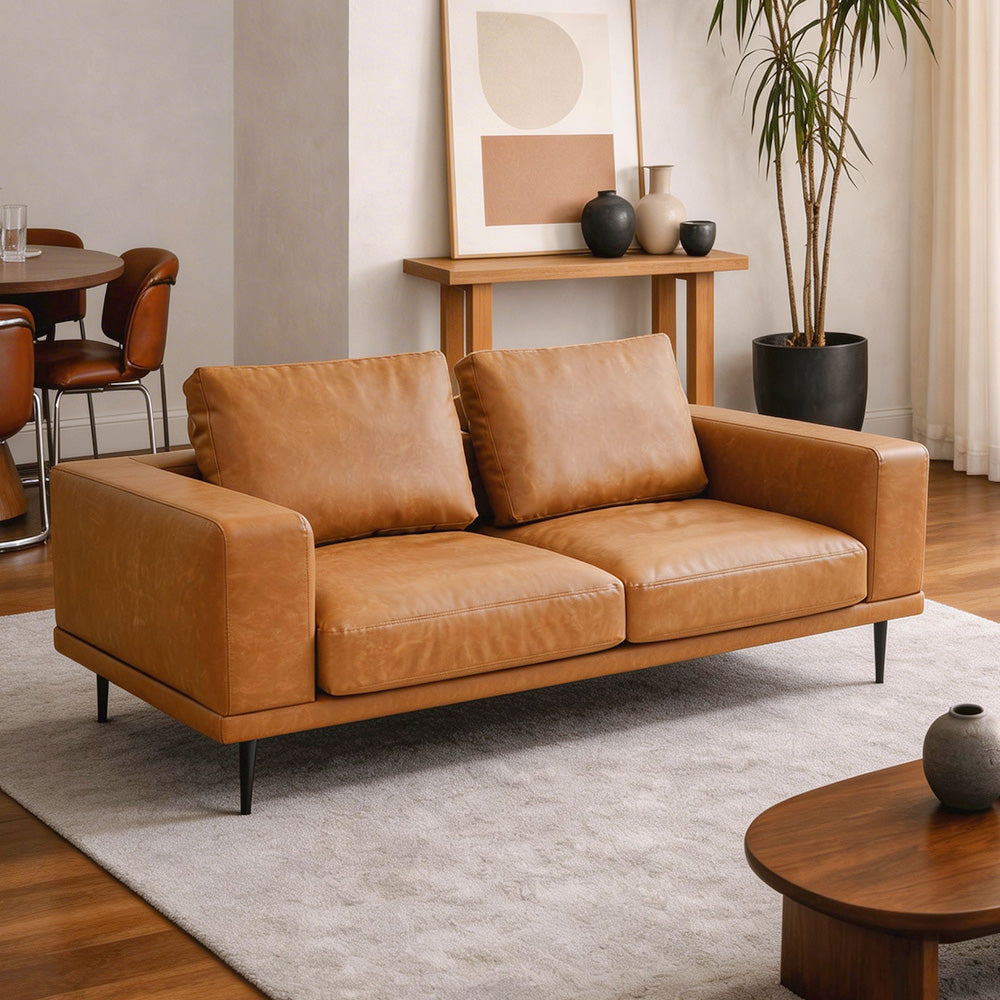 Eeeza Modern Deep-Seated Sofa, Two-seater, Faux Leather, Brown