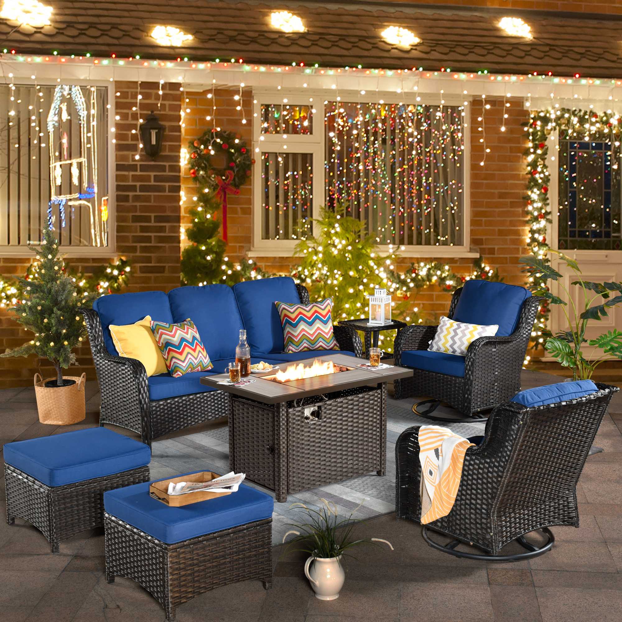 Patio 7-Piece Conversation Set with 42'' Rectangle Propane Fire Pit Table and Rocking Chairs Kenard