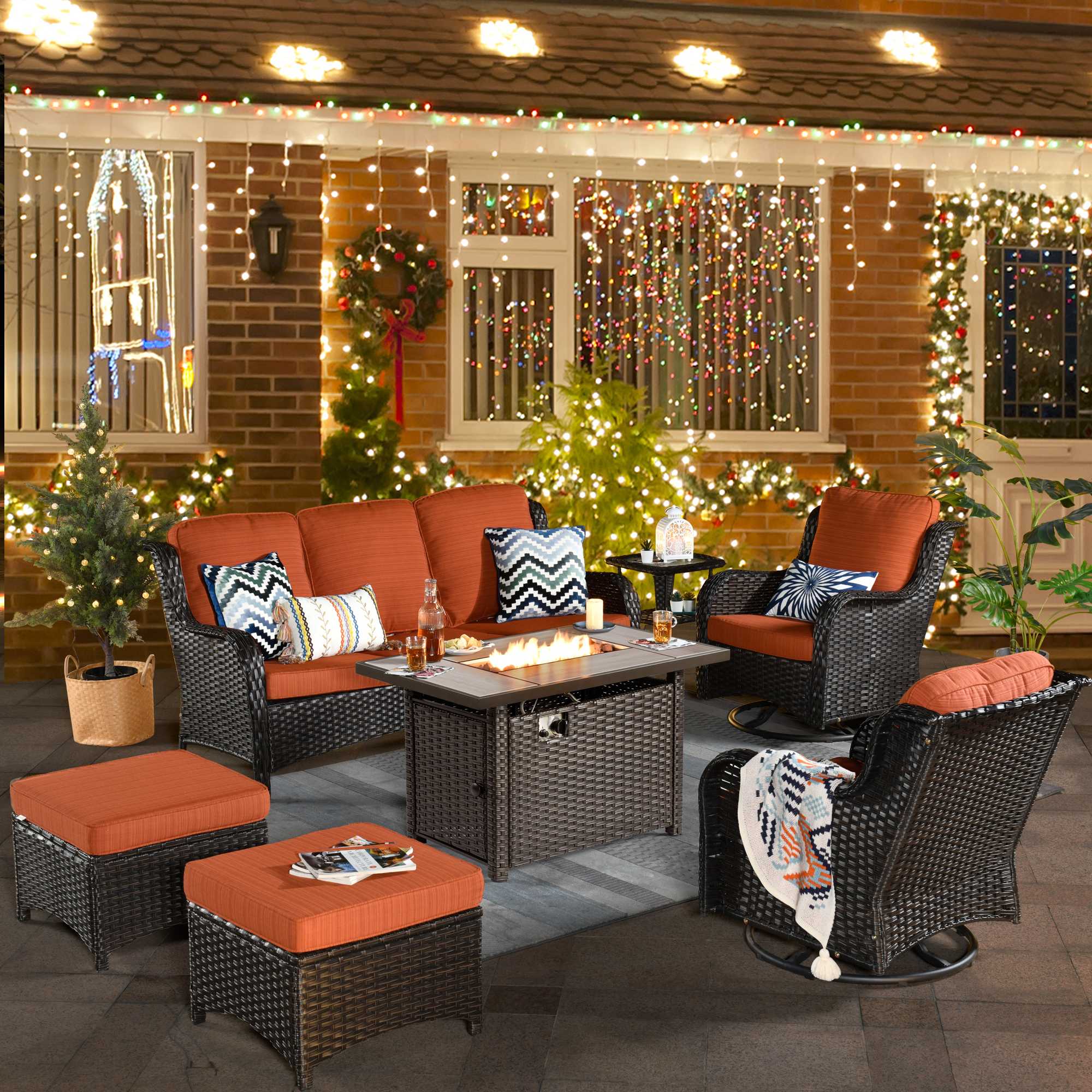 Patio 7-Piece Conversation Set with 42'' Rectangle Propane Fire Pit Table and Rocking Chairs Kenard