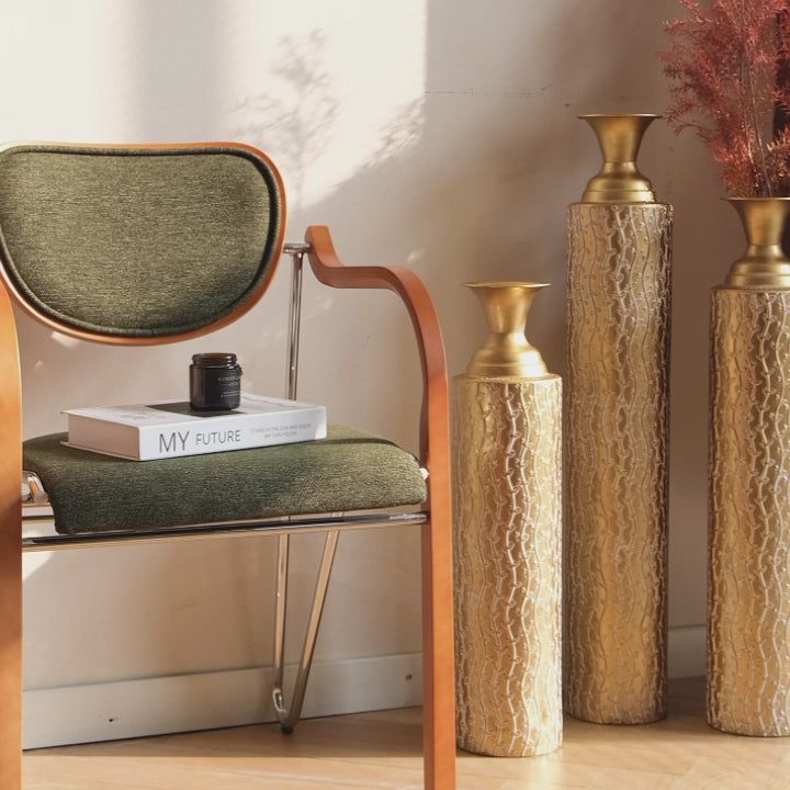Load video: Set of 3metal decorative vases high distress with growing vine pattern